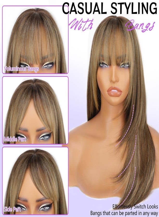 AISI HAIR Brown Highlight Wig with Bangs for Women, Free Parting Middle Length NaturalLayered Straight Wig for Daily Party and Beginner Friendly - Image 4
